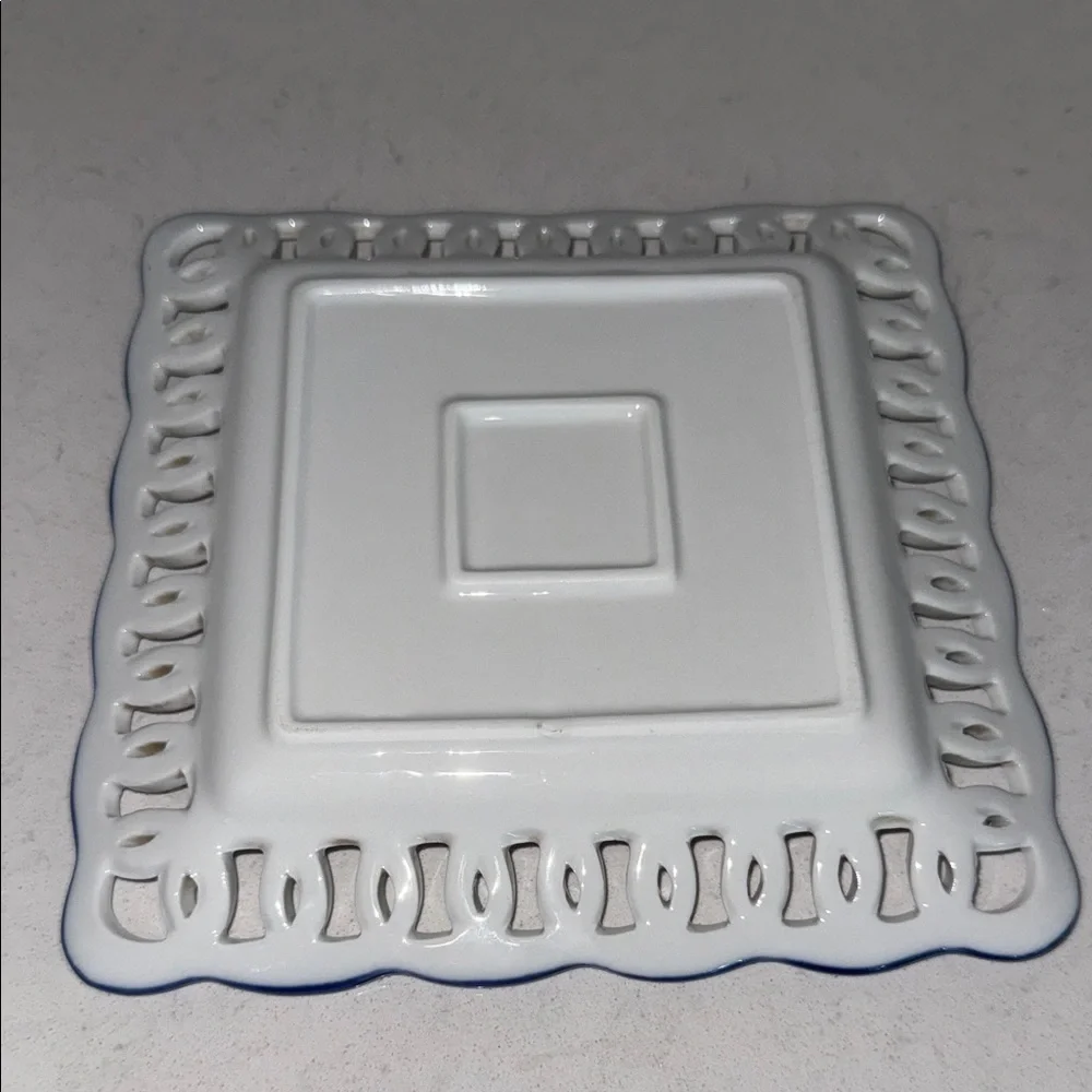 Vintage Blue White Floral Square Reticulated Porcelain Trinket Dish 8.25 Inch